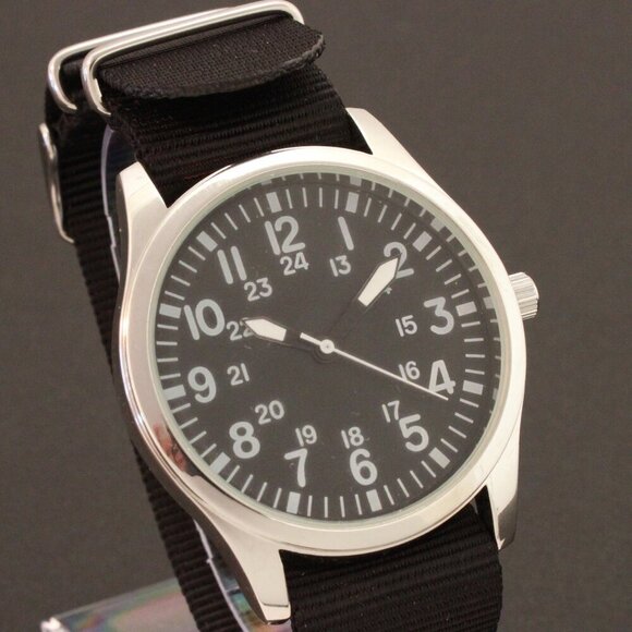 Men's Quartz Field Watch Silver Tone Case Black Military Strap 42mm - Picture 5 of 12